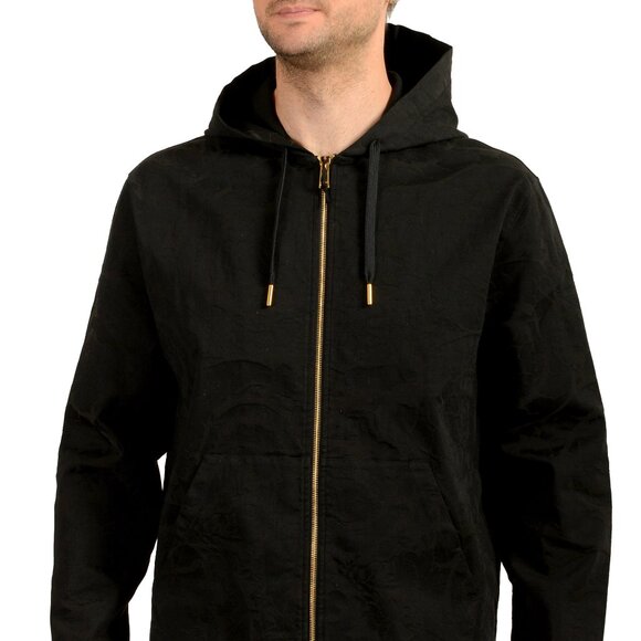 Versace Men's Black Hooded Full Zip Barocco Jacquard Light Jacket US XL IT 54